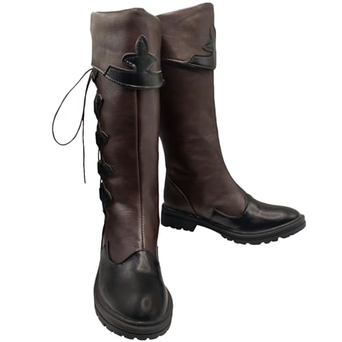 JUNQIAKO Unisex Renaissance Mittelalter Cosplay Halloween Cosplay Cosplay Stiefel PU Leder Mid Calf Lace Up Leder Pirat Gothic Wikinger Gebunden Schuhe, Braun, 44.5 EU von JUNQIAKO