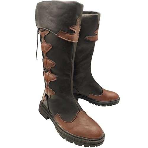 JUNQIAKO Unisex Renaissance Mittelalter Cosplay Halloween Cosplay Cosplay Stiefel PU Leder Mid Calf Lace Up Leder Pirat Gothic Wikinger Gebunden Schuhe, Schwarz, 44 EU von JUNQIAKO