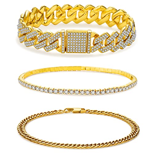 JUNVirtuous 3-teiliges Armband-Set für Damen, kubanische Gliederkette, Knöchelarmbänder, Silber/Gold, Bling Diamant, Hip-Hop-Schmuck, Geschenk für Männer und Frauen, 8 inches, Silber, Zirkonia JUNVirtuous 3-teiliges Armband-Set für Damen, kubanische Gliederkette, Knöchelarmbänder, Silber/Gold, Bling Diamant, Hip-Hop-Schmuck, Geschenk für Männer und Frauen, 8 inches, Silber, Zirkonia von JUNVirtuous