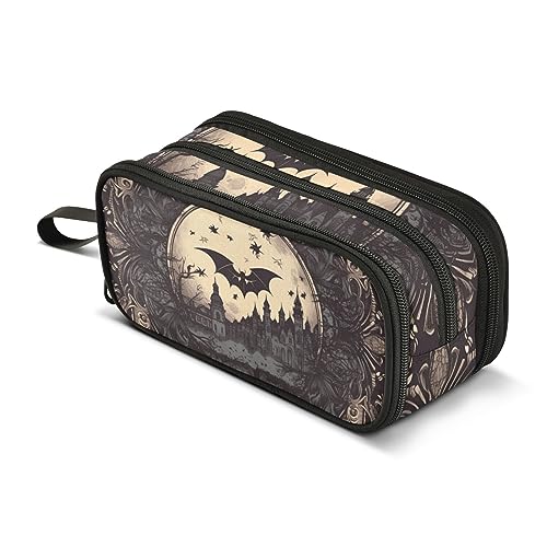 JUNZAN Retro Fledermäuse Gothic Castle Schwarz Federmäppchen Große Kapazität Federmäppchen Stifttasche Make-up Tasche Schreibwaren Bürobedarf Geschenk für Teenager Mädchen Jungen von JUNZAN