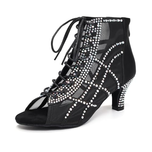 JUODVMP Atmungsaktive Damen-Tanzstiefel mit Strasssteinen Salsa Ballsaal Tanzschuhe,6cm Kitten Absatz,38.5 EU von JUODVMP