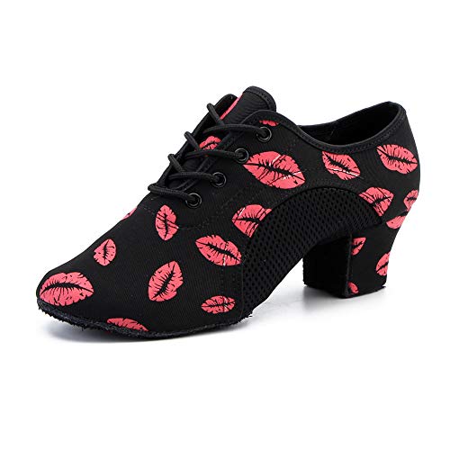 JUODVMP Damen Gesellschaftstanzschuhe Rote Lippen Schnürung Geschlossene Zehe Modern Jazz Latein Praxis Lehre Leistung Tanzschuhe Modell 902,37.5 EU von JUODVMP