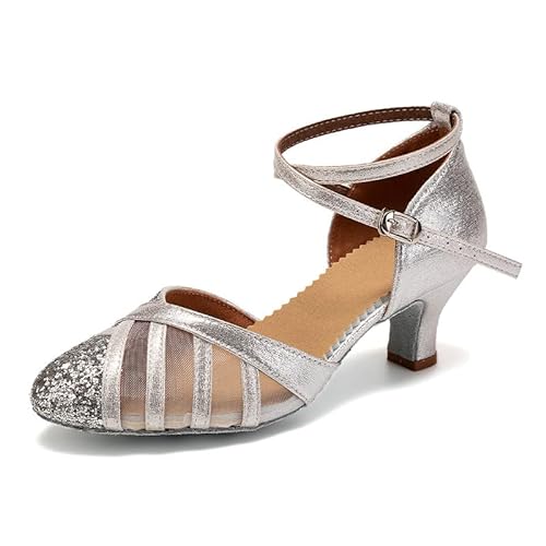 JUODVMP Damen Glitzer Latein Ballsaal Tanzschuhe Partei Pumps Geschlossene Zehe Hochzeit Abend Partei Modell DYFT105, Silber -5,5 cm,38 EU von JUODVMP