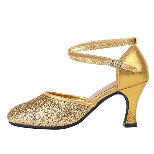 JUODVMP Damen Glitzer Latein Tanzschuhe Geschlossene Zehe Pailletten Ballsaal Tanzschuhe Salsa Hochzeit Party, Gold-7 cm,39 EU von JUODVMP