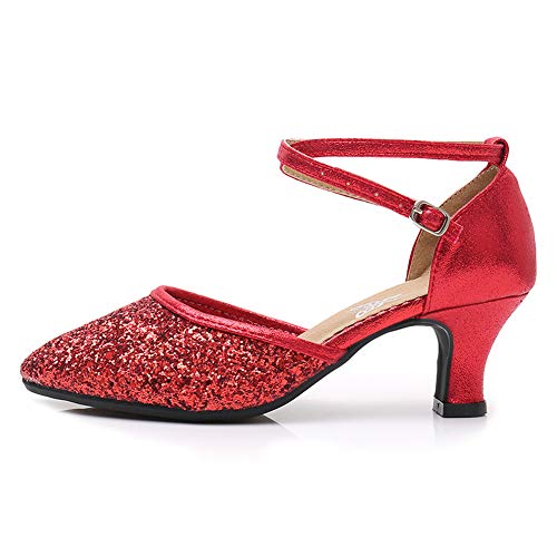 JUODVMP Damen Glitzer Latein Tanzschuhe Geschlossene Zehe Pailletten Ballsaal Tanzschuhe Salsa Hochzeit Party, Rot -5,5 cm,42 EU von JUODVMP