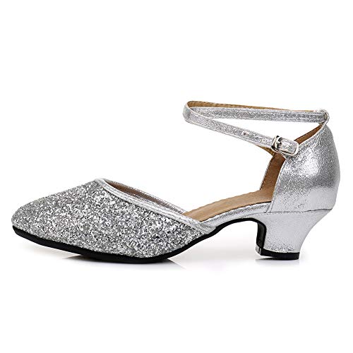 JUODVMP Damen Glitzer Latein Tanzschuhe Geschlossene Zehe Pailletten Ballsaal Tanzschuhe Salsa Hochzeit Party Niedriger Absatz, Silber -3,5 cm,42 EU von JUODVMP