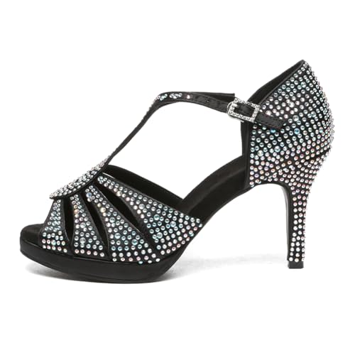 JUODVMP Damen Komfort Latein Tanzschuhe Strass Salsa Tango Plateau Schuhe T-Riemen 8.5cm Hoher Absatz YCD35, 39EU von JUODVMP