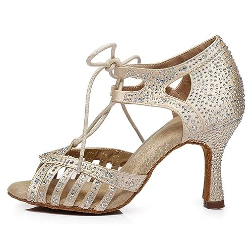 JUODVMP Damen Latein Tanzschuhe Beige Salsa Tango Bachata Hochzeit Party Gesellschaftstanzschuhe 7.5cm Modell YCL387,36EU von JUODVMP