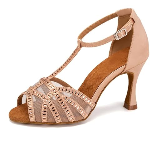 JUODVMP Damen Latein Tanzschuhe Offener Zeh Beige Salsa Tanzschuhe Beige Hoher Absatz 7.5cm,37EU von JUODVMP