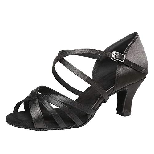 JUODVMP Damen Latein Tanzschuhe Offener Zeh Salsa Tanzschuhe Schwarz Hoher Absatz 6cm,43EU von JUODVMP