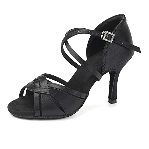 JUODVMP Damen Latein Tanzschuhe Offener Zeh Salsa Tanzschuhe Schwarz Hoher Absatz 8.5cm,34EU von JUODVMP