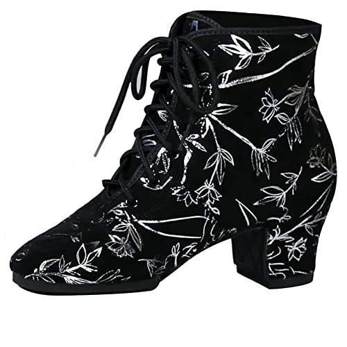 JUODVMP Damen Lateinischer Gesellschaftstanz Schuhe Übung mit Schnürung Lehrleistung Modern Salsa Tanzstiefel Hohe Spitze Gummi Volle Sohle Niedriger Absatz 3cm, 41 EU von JUODVMP