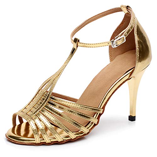 JUODVMP Damen Salsa Latein Tanzschuhe Leder Gold Ballroom Tango Waltz Modern Bachata Dancing 10cm Hoher Absatz Modell 6216, 39EU von JUODVMP