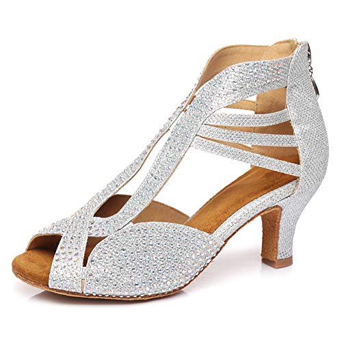 JUODVMP Damen Slipon Latein Tanzschuhe Silber Moderne Salsa Tango Ballsaal Bachata Performance Hochzeit 6cm Absätze,Modell D5,38.5EU von JUODVMP
