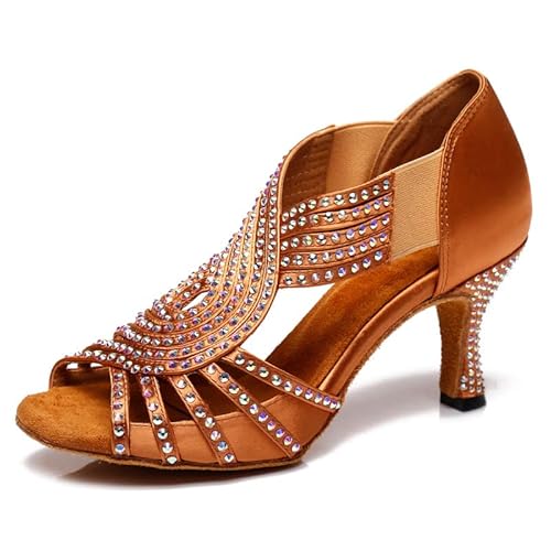 JUODVMP Damen Slipon Strass Latein Tanzschuhe Braun Moderne Salsa Tango Ballsaal Bachata Performance Hochzeit 7.5cm Absätze,Modell L396,37EU von JUODVMP