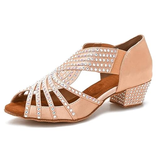 JUODVMP Damen Slipon Strass Latein Tanzschuhe Rosa Moderne Salsa Tango Ballsaal Bachata Performance Hochzeit 3cm Absätze,Modell L396,38EU von JUODVMP