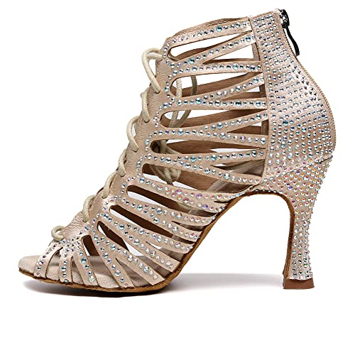 JUODVMP Damen Strass Latin Dance Peep Toe Schuhe Tango Salsa Performance Tanz Sandalen Hohe Absätze,Modello QJW9006,Grün-7.5CM Heel-40.5 EU von JUODVMP