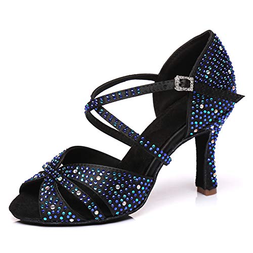 JUODVMP Damen Tanzschuhe Lateinischer Tanz Schuhe Mit Strasssteinen Hoher AbsatzGlitzer Salsa Tango Ballsaal Tanzschuhe Schuhe,Blue,7.5cm-37EU von JUODVMP