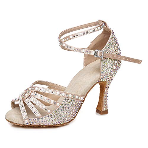 JUODVMP Strass Latein Tanzschuhe Damen Beige Satin Chacha Schuhe Weihnachtsfeier 7.5cm Hoher Absatz Modell VE-YCL430, 37.5EU von JUODVMP