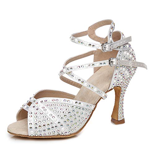 JUODVMP Damen Tanzschuhe Strass Peep Toe Tanzschuhe 9cm Flatterabsatz Hochzeit Party Schuhe Blanc,40EU von JUODVMP