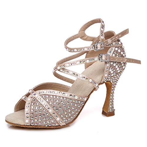 JUODVMP Damen Tanzschuhe Strass Peep Toe Tanzschuhe Flared Heel Wedding Sandalen Model VE-YCL432-9,Beige,39EU von JUODVMP