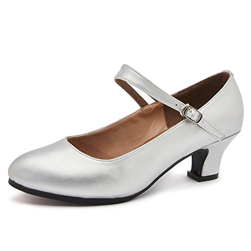 JUODVMP Geschlossener Zeh Salsa Tango Tanzschuhe Damen Silber Ballsaal Latein Chacha Schuhe Charakter Tanzschuhe 4cm Niedriger Absatz KM813,42EU von JUODVMP