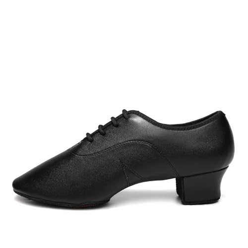 JUODVMP Herren Latin Jazz Tanzschuhe Schwarz Leder Modern Salsa Tango Ballsaal Übungsschuhe 3,5 cm Absatz,38.5 EU von JUODVMP
