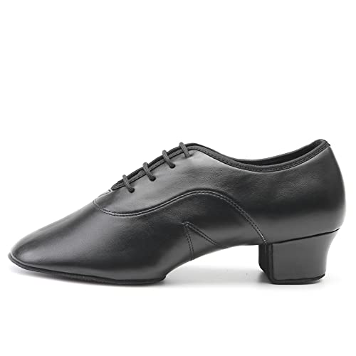 JUODVMP Herren Latin Jazz Tanzschuhe Schwarz Leder Modern Salsa Tango Ballsaal Übungsschuhe 3,5 cm Absatz,41 EU von JUODVMP