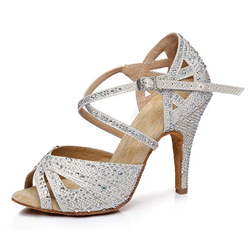 JUODVMP Latein Tanzschuhe für Frauen mit Strass Ballsaal Tango Salsa Hoher Absatz Tanzschuhe Hochzeitsfeier Modell 390,Beige-10cm Absätze-37.5EU von JUODVMP