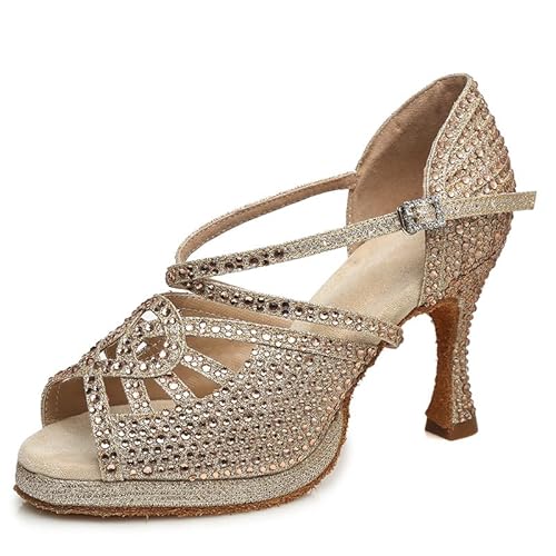 JUODVMP Latein Tanzschuhe für Frauen mit Strass Ballsaal Tango Salsa Hoher Absatz Tanzschuhe Hochzeitsfeier Modell 458,Gold-7.5cm Absätze-38EU von JUODVMP