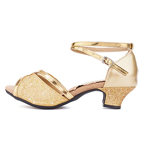 JUODVMP Latin Dance Schuhe Frauen Glitter Offene Zehe Professionelle Ballsaal Tanzen Absatz Gummisohle, DY01,Gold-3.5cm, 39 EU von JUODVMP