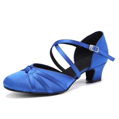 JUODVMP Latin Salsa Rumba Glatter Satin Standardtanzschuhe für Damen Bleu Geschlossene Zehe Charakterschuhe 4,5 cm Absatz Modell YCL117,40 EU von JUODVMP