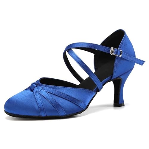 JUODVMP Latin Salsa Rumba Glatter Satin Standardtanzschuhe für Damen Bleu Geschlossene Zehe Charakterschuhe 9cm Absatz Modell YCL117,40 EU von JUODVMP