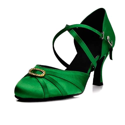 JUODVMP Latin Salsa Rumba Glatter Satin Standardtanzschuhe für Damen Grün Geschlossene Zehe Charakterschuhe 7.5cm Absatz Modell YCL117,39 EU von JUODVMP