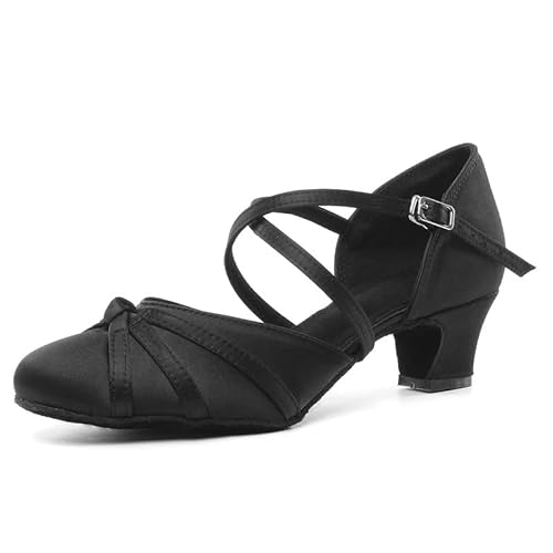 JUODVMP Latin Salsa Rumba Glatter Satin Standardtanzschuhe für Damen Schwarz Geschlossene Zehe Charakterschuhe 4,5 cm Absatz Modell YCL117,40 EU von JUODVMP