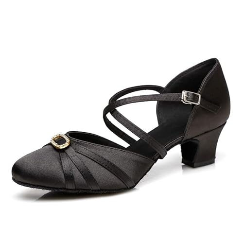 JUODVMP Latin Salsa Rumba Glatter Satin Standardtanzschuhe für Damen Schwarz Geschlossene Zehe Charakterschuhe 4.5cm Absatz Modell YCL117,39 EU von JUODVMP