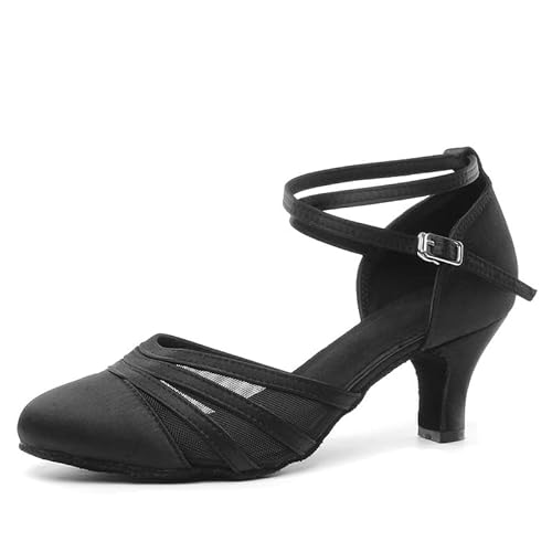 JUODVMP Latin Salsa Rumba Glatter Satin Standardtanzschuhe für Damen Schwarz Geschlossene Zehe Charakterschuhe 6cm Absatz Modell YCL189,40.5 EU von JUODVMP