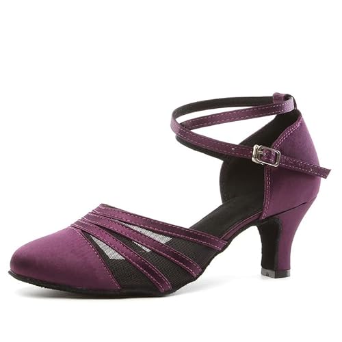 JUODVMP Latin Salsa Rumba Glatter Satin Standardtanzschuhe für Damen Violett Geschlossene Zehe Charakterschuhe 6cm Absatz Modell YCL189,37 EU von JUODVMP