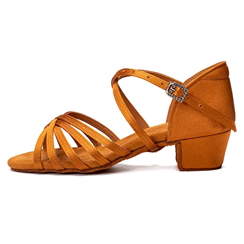 JUODVMP Mädchen Latin Dance Schuhe Braun Satin Ballsaal Tango Salsa Übungsparty Ballsaal Tanzschuhe Modell 202PD, 31 EU von JUODVMP