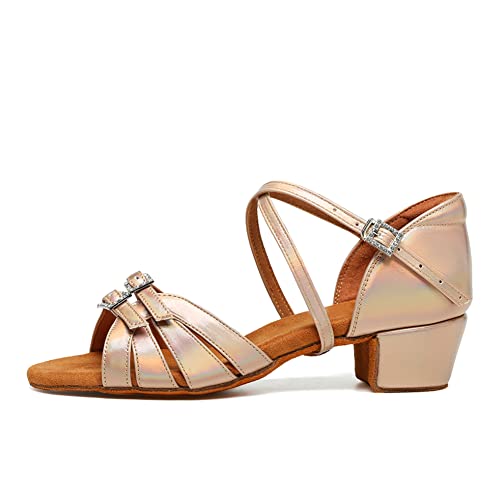 JUODVMP Mädchen Latin Dance Schuhe Gold Synthetik Ballsaal Tango Salsa Übungsparty Ballsaal Tanzschuhe Modell 1029, 32 EU von JUODVMP