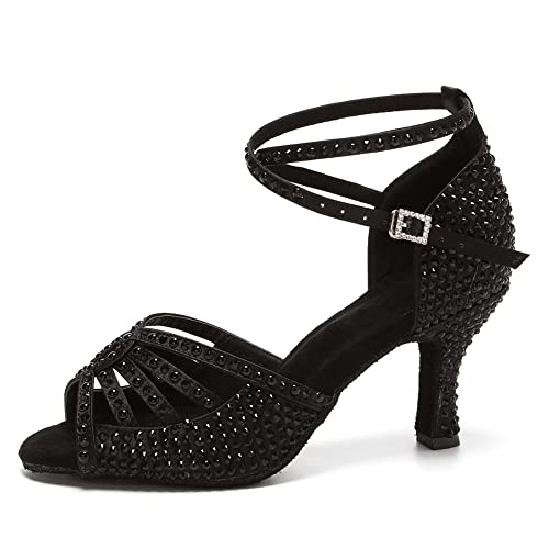 JUODVMP Strass Latein Tanzschuhe Damen Noir Satin Chacha Schuhe Weihnachtsfeier 7.5cm Hoher Absatz Modell VE-YCL430, 35EU von JUODVMP