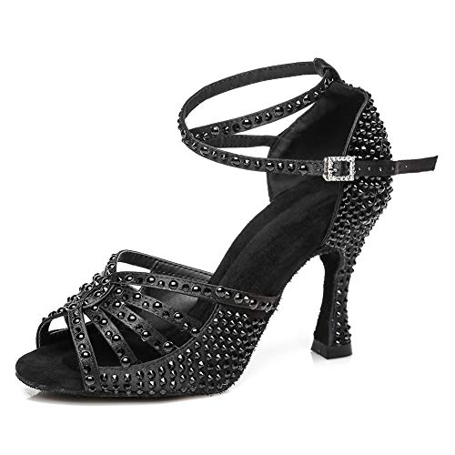 JUODVMP Strass Latein Tanzschuhe Damen Noir Satin Chacha Schuhe Weihnachtsfeier 7.5cm Hoher Absatz, 37EU von JUODVMP