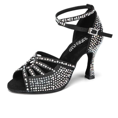 JUODVMP Strass Latein Tanzschuhe Damen Schwarz Satin Chacha Schuhe Weihnachtsfeier 9cm Hoher Absatz Modell VE-YCL430, 40.5EU von JUODVMP