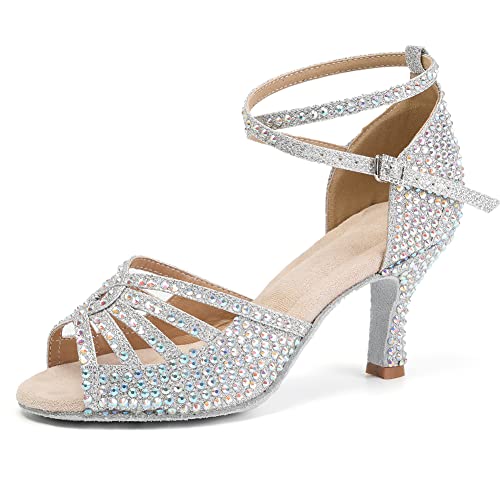 JUODVMP Strass Latein Tanzschuhe Damen Silber Damen Glitzer Chacha Schuhe Weihnachtsfeier 9cm Absatz Modell VE-YCL430,40EU von JUODVMP