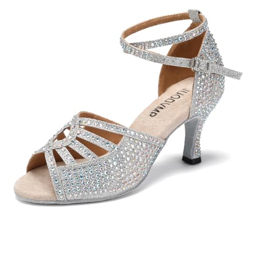 JUODVMP Strass Latein Tanzschuhe Damen Silber Glitzer Chacha Schuhe Weihnachtsfeier 7.5cm Hoher Absatz Modell VE-YCL430, 37.5EU von JUODVMP