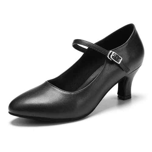 JUODVMP Tanzschuhe Damen Schwarz Leder Charakter Schuhe Rumba Latein Ballroom Tanzschuhe 6CM Absatz,39 EU von JUODVMP