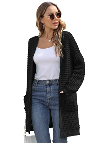 JUOIANTANG Damen Cardigan Unifarbig Cardigan mit Seitentaschen Frau Lässig Strickjacke Dick Jacken Schwarz XXL von JUOIANTANG