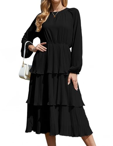 JUOIANTANG Damen Kleid Langarm Kleid mit Rundhalsausschnitt Schwarzes Kleid Chiffon Boho Freizeitkleider Mini Dress Wrap Kleid Lang Damen Elegant Dress Etuikleid S-XXL von JUOIANTANG