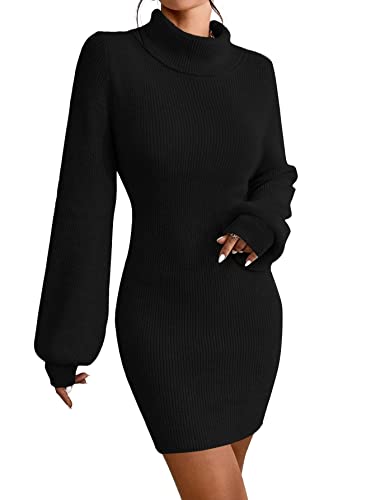 JUOIANTANG Damen Pulli Kleid Fein Strick Freizeit Kleid Puffärmel A Line Dress Schwarz,XL von JUOIANTANG