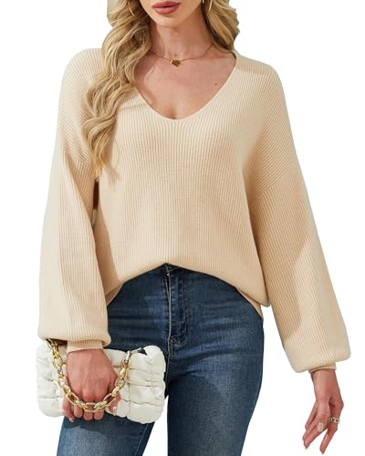 JUOIANTANG Damen Pullover Herbst Winter Casual Strickpullover Langarm V-Ausschnitt Lose Outwear Pullover Oberteile Apricot M von JUOIANTANG